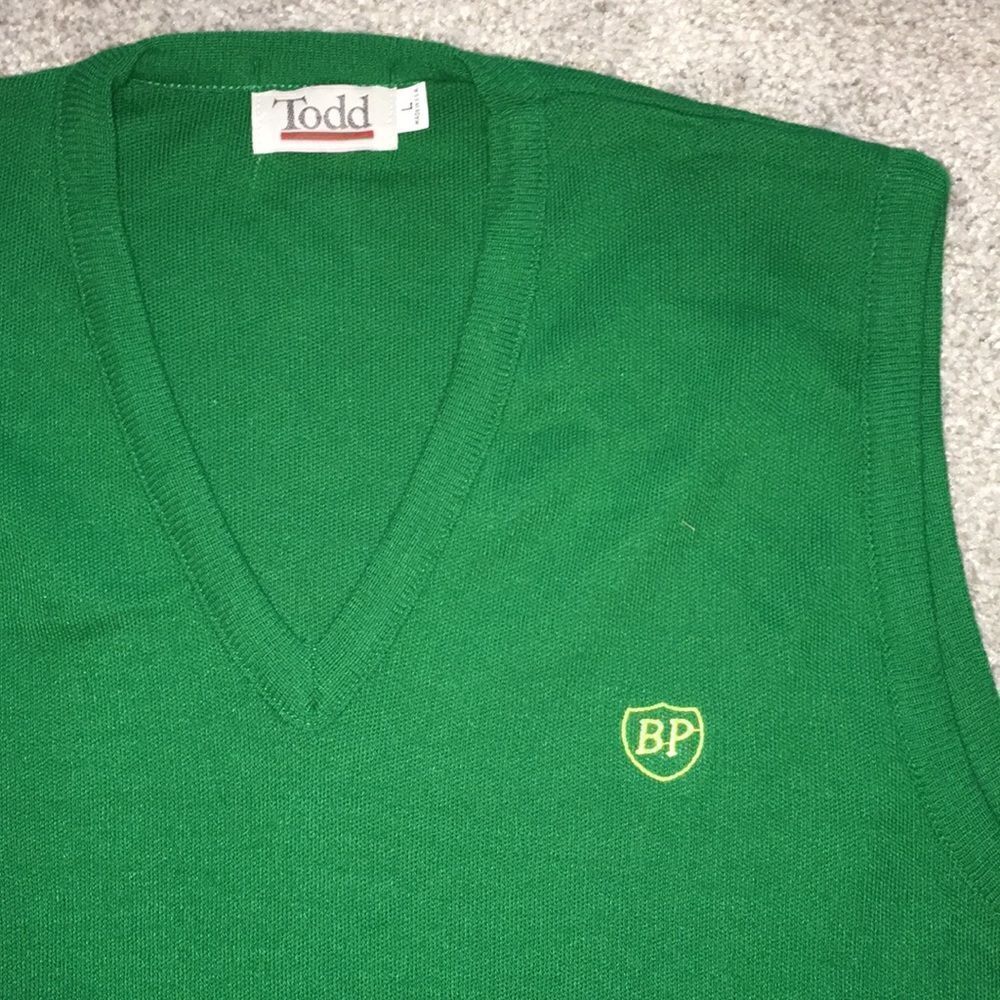 VTG British Petroleum BP Oil Man Retro Sleeveless Golf Sweater Acrylic Vest L(M)